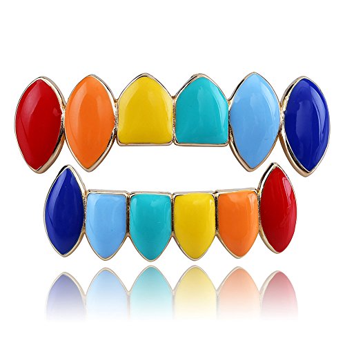 Hip Hop 69 14K Gold Plated Colorful Rianbow Vampire Fangs Top and Bottom Grillz for Your Teeth (Gold)