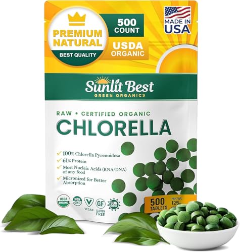 Sunlit Best USDA Organic Premium Chlorella Tablets 500 Tabs | 100% Pure Chlorella Superfood Supplement High in Protein Chlorophyll Vitamins & Minerals | Supports Good Health Wellbeing & Recovery