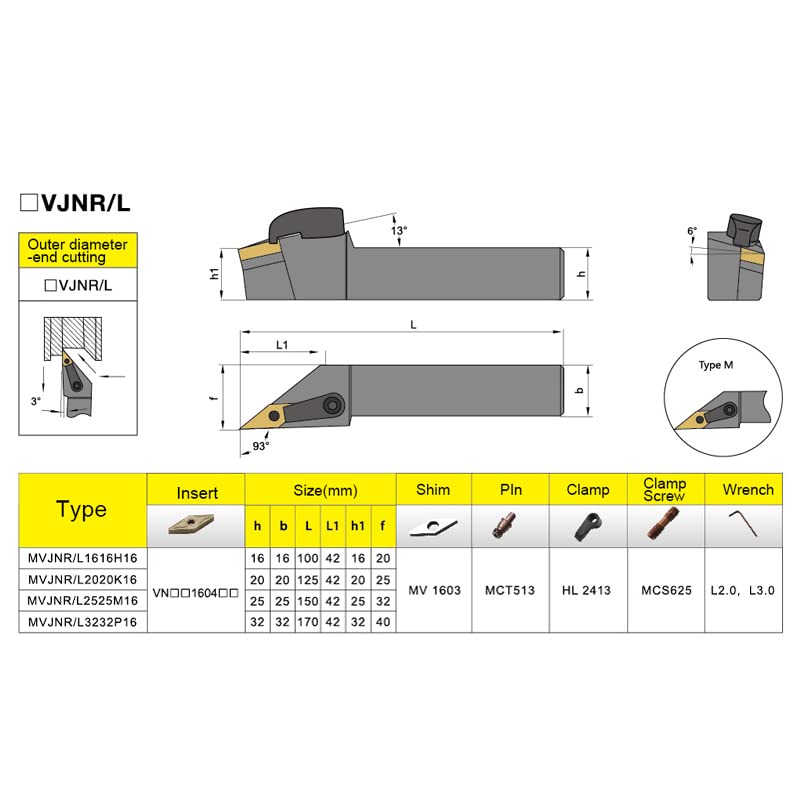 1pc MVJNR Lathe Cutting Tools Set MVJNR2020K16 MVJNR1616K16 MVJNR2525M16 External Turning Tool Holder VNMG Carbide Inserts(No Insert)(MVJNR1616H16)