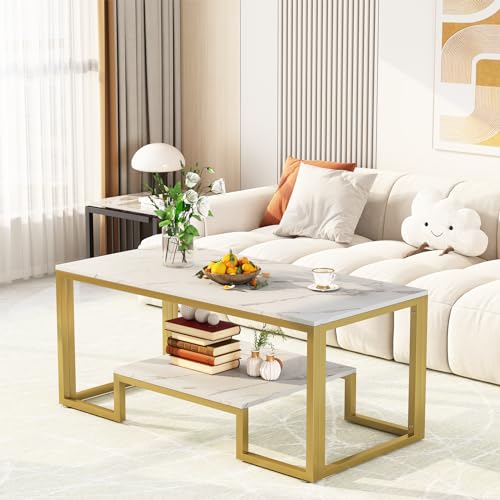 Coffee Table White Faux Marble Coffee Table for Living Room,2 Tiers Rectangle Center Table with...