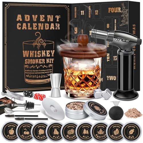 Whiskey Advent Calendar 2025 for Men, 24-Day Bourbon Smoker Infuser Kit for Cocktail and whisky Lovers, Perfect Christmas and Holiday Gift for Husband, Dad, Boyfriend, Him(NO BUTANE,GLASS)