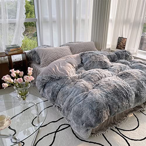 Luxury Shaggy Plush Grey Duvet Cover Set Queen Size Warm Winter Faux Fur Fluffy Velvet Bedding Set Soft Gray Fuzzy Comforter Cover For Teen Girls Boys Women Men 3 Pieces #TOP1