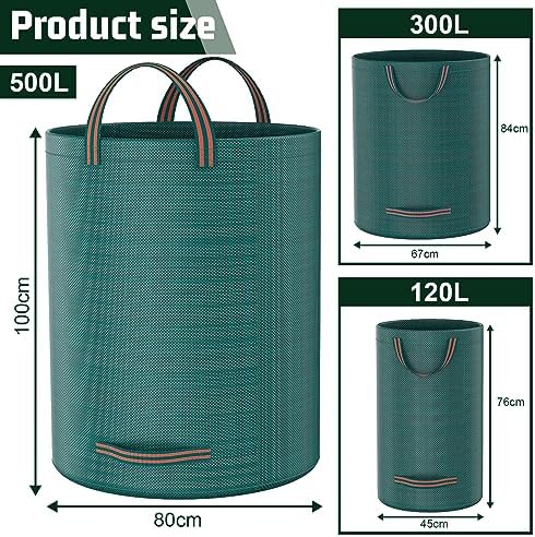3 Sacks Garden Waste Bags Heavy Duty, Green Garden Waste Sacks Reusable, Industrial Fabric and Handles, Garden Refuse Rubbish Bag, Ideal for Collecting Plant waste grass and Leaves (500L*300L*120L)