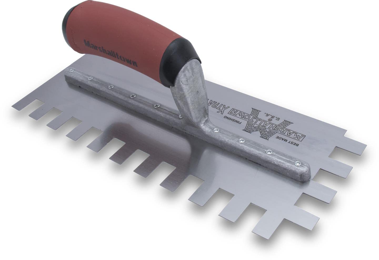 Frattazzo dentato Marshalltown, tacca: U-6x13x6 mm con manico curvo Durasoft, in acciaio, per piastrellisti, dimensioni: 279x114 mm
