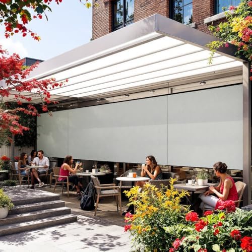 DeepSage 2025 Upgraded Custom Motorized Sunshade Pergola & Gazebo Screens – Light Filtering, Corded/Cordless, Ready to Install, Pre-Assembled for Indoor & Outdoor Use (Home, Condo, Patio) (Off White)