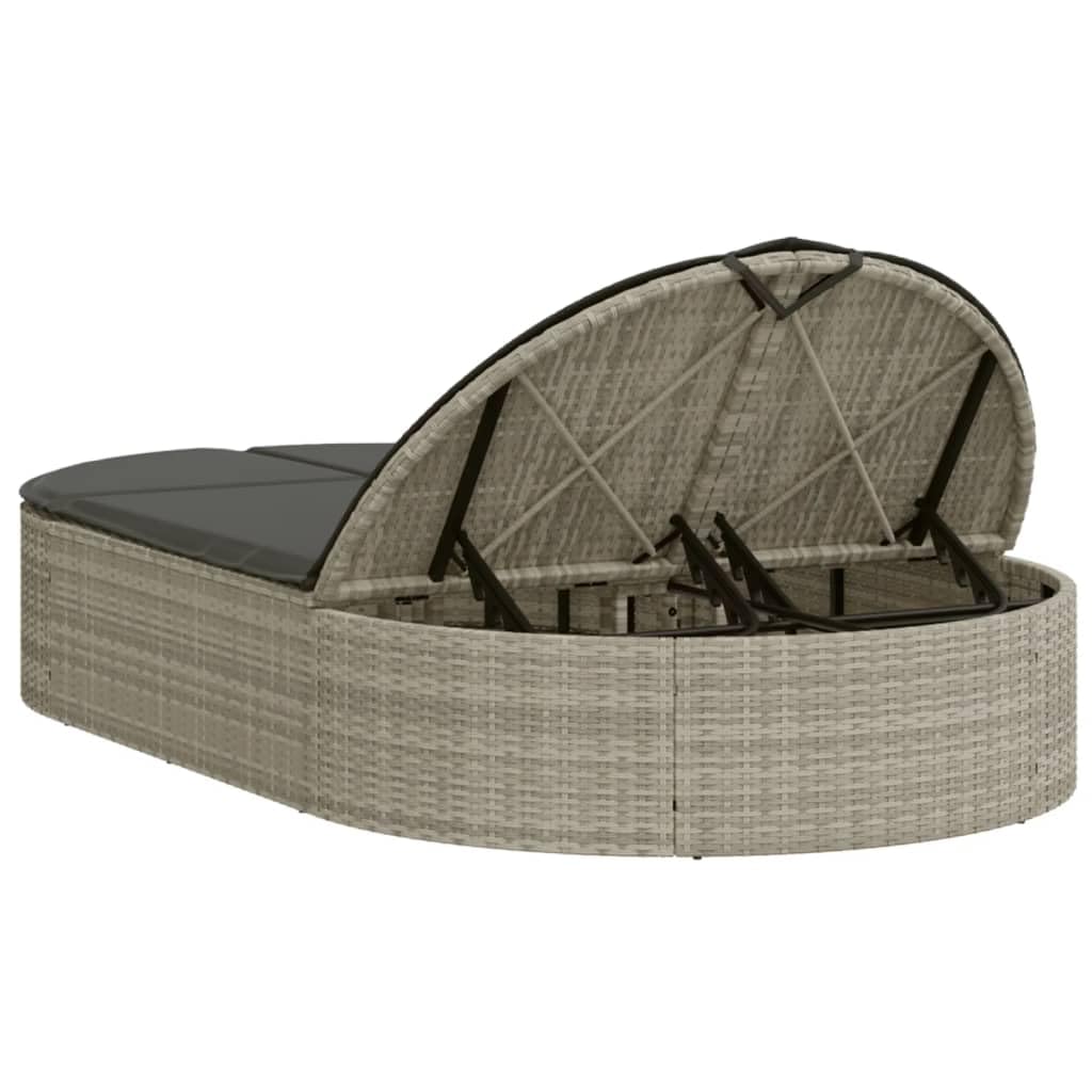 Podwójny leżak do opalania z poduszką, jasnoszary rattan PE, 110 x 200 x 30 48 66 78 cm, regulowane oparcie, malowana proszkowo rama stalowa, rekreacja na świeżym powietrzu