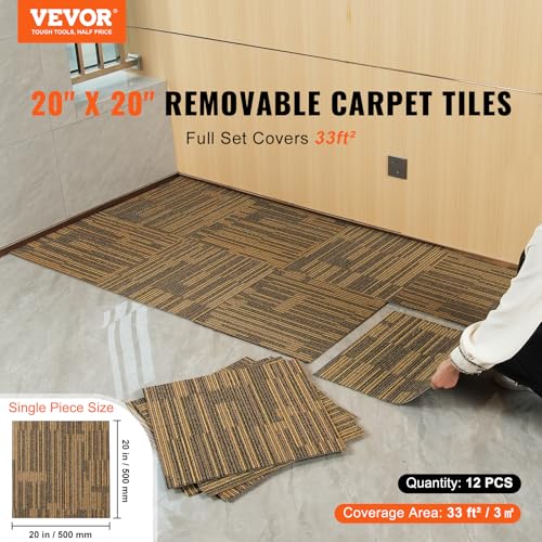 Image of VEVOR Carpet Tiles Reusable, 20 inchx 20 inch Carpet Squares with Padding Attached, Soft Padded Carpet Tiles, Easy Install DIY for Bedroom Living Room Indoor Outdoor (16 Tiles, Mixed Brown)