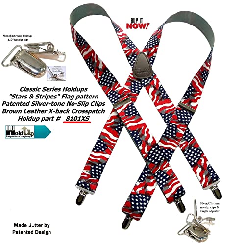 1 1/2" Wide Classic Series Stars & Stripes Xs Holdups In X-Back Style W/Usa Patented No-Slip® Silver Clips #TOP3