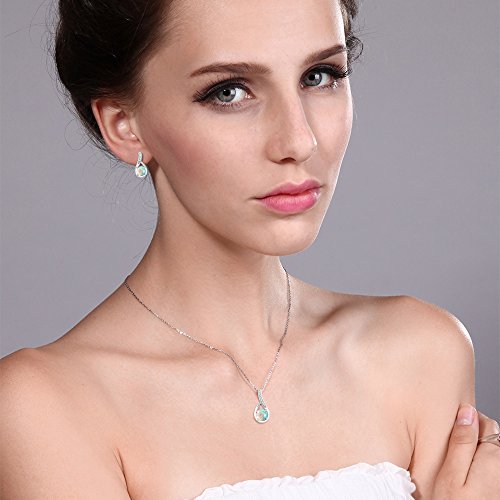 Gem Stone King 925 Sterling Silver Round Cabochon White Simulated Opal And White Diamond Pendant Earrings Set For Women (1.89 Cttw, With 18 Inch Chain) #TOP1