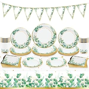 Juego de Vajilla para Fiesta, Platos y Servilletas de Papel Verde Salvia con Mantel y Pancarta, Platos Desechables para Decoraciones de Cumpleaños, Baby Shower, Boda, Picnic, Suministros para Fiesta