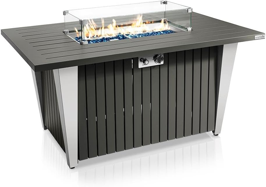 Outdoor Propane Fire Pit Table - CSA/ETL Certified 50,000 BTU Pulse Ignition Weatherproof Rectangle Propane Gas Fire Table w/Adjustable Flame - Glass Rocks Wind Guard, Black SLFPSX55