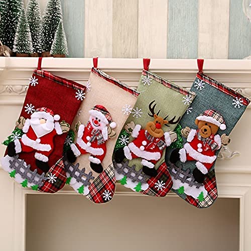 BEKVÃ„MT Personalized Christmas Stockings 4 Pack, 12 inches 3D Stockings with Snowflake Santa Snowman Reindeer Penguin and Plush Faux Fur Cuff Stockings for Stairs Fireplace Hanging Xmas Home Decor