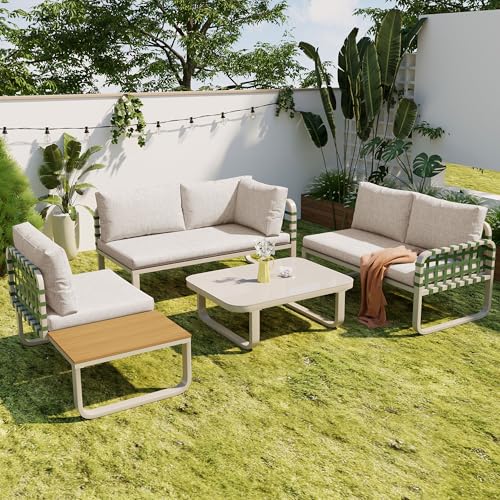 Set di 4 mobili da giardino per 5 persone, mobili da esterno con 2 divani da 2 pezzi, 1 divano singolo e 2 tavoli, set da giardino per esterni, struttura in ferro zincato, beige