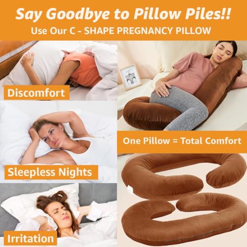 Image of Amazon Basics Full Body Pregnancy Pillow for Maternity, Baby Nursing, Full Body Support -Abdomen,Hip, Spine, Neck& Leg Support Cushion| Perfect Baby Shower Gift |C-Shaped-Washable Cover with Zip-Brown