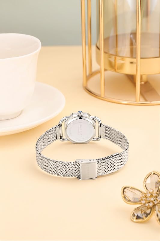 Image of Giordano Analog Quartz Watch for Women with Octagonal Textured Dial, Crystal Hours Markers, Blue Crown and Mesh Metal Strap