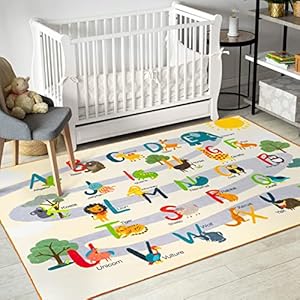 Ashler Kids Rug, Alphabet and Animals Carpet for Playroom, 5×2.6 Feet, Children’s Educational Play Mat ABC Rugs for Toddlers, Play Rug for Baby Bedroom, Non-Slip Area Rugs for Kid Bedroom, Yellow