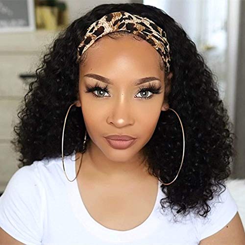 Headband Wig Curly Synthetic Hair Wig Non Lace Front Wigs for Black Women Deep Wave Machine Made Wigs 150% Density 18 inch(Black, 18 Inches)