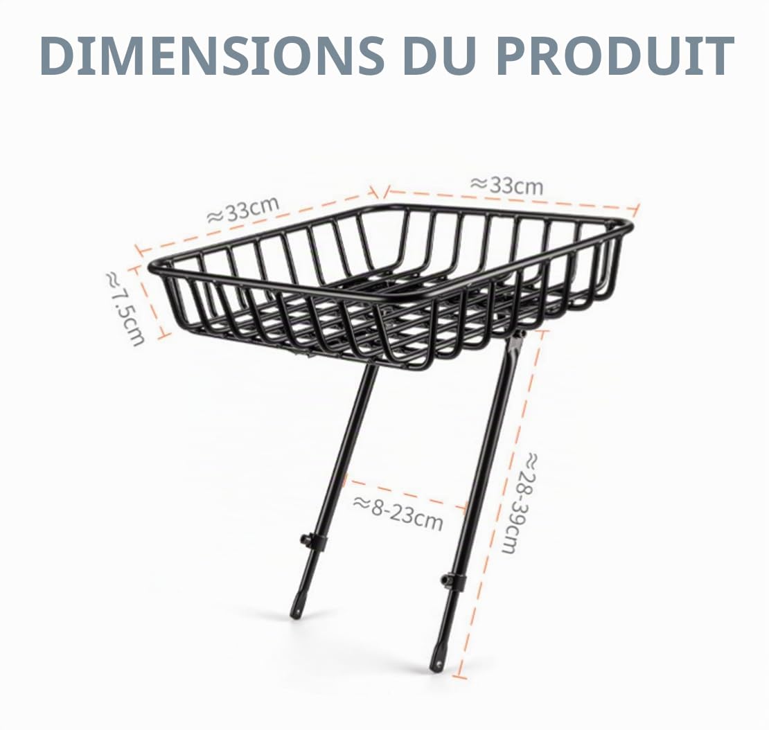 Panier Velo Avant, Porte-Bagages Avant, Panier de Vélo Avant avec Barres de Maintien et Sangles Fixes Charge 10 kg, Grand Panier de Vélo Avant pour Vélo de Route, Montagne, 33 × 33 cm