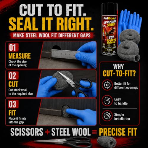 Image of PulGos 5-in-1 Complete Rat Protection Kit | Rat Repellent Spray Combo | With 2 Steel Wool Rolls, Scissor & Gloves | Blocks Rat Entry Through Holes, Cracks & Pipes | Home, Kitchen, Car & Bike Use