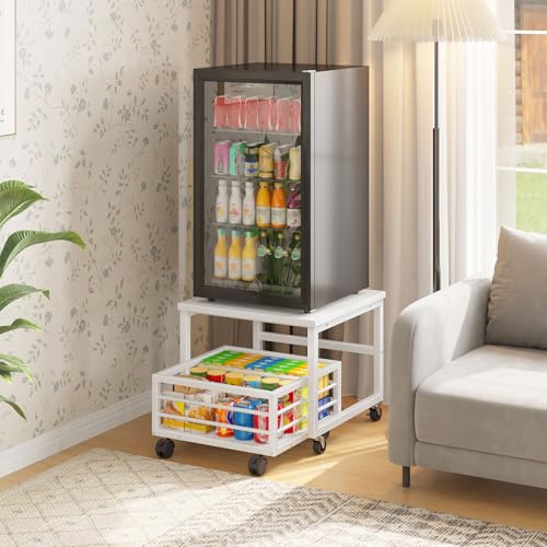 Image of HOOBRO Mini Fridge Stand with Movable Storage Basket, Wheels and Adjustable Feet, Sturdy Metal Frame, for Home, Apartment, Office, White