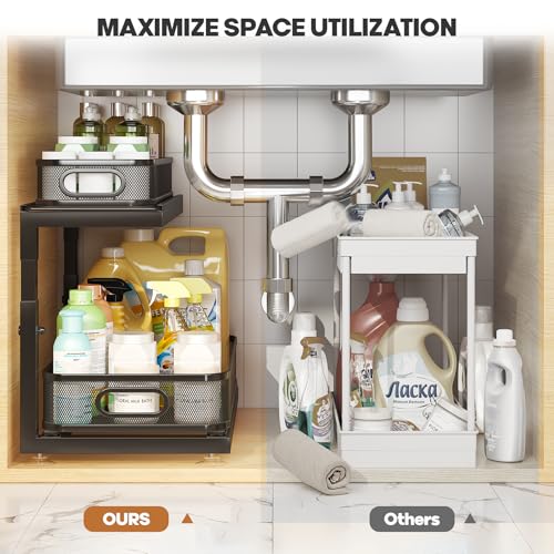 Image of 1 Pack Under Sink Storage Organizer with 2-Tier Slide Out Drawer, Sophisticated Mesh Pull Out Shelf for Kitchen & Bathroom, Fits Small Items, Upgraded Arched Track for Smooth Gliding-Black