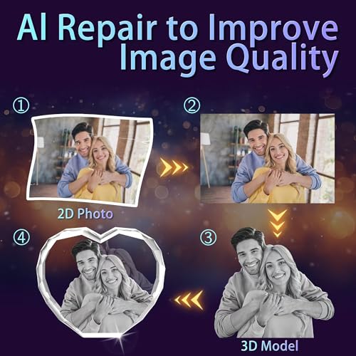RUIOU 3D Crystal Photo, Mothers Day Personalized Gifts for Mom, Women, Her, Wife, Couple, Girlfriend, Laser Engraved Customized Picture, Anniversary Memorial Gifts, Heart-S