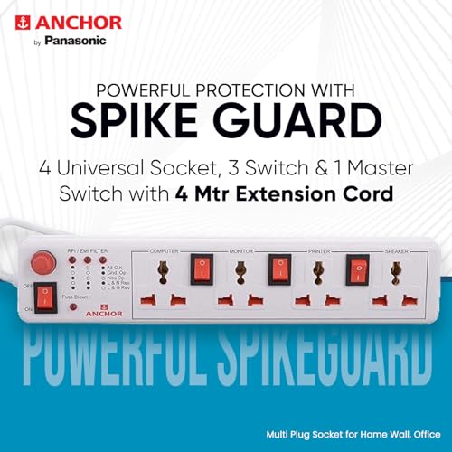 Anchor by Panasonic Spike Guard- 4 Universal Socket Shutter with Individual Switch - 4 Mtr (22569) (White, 1 Piece) - Image 7