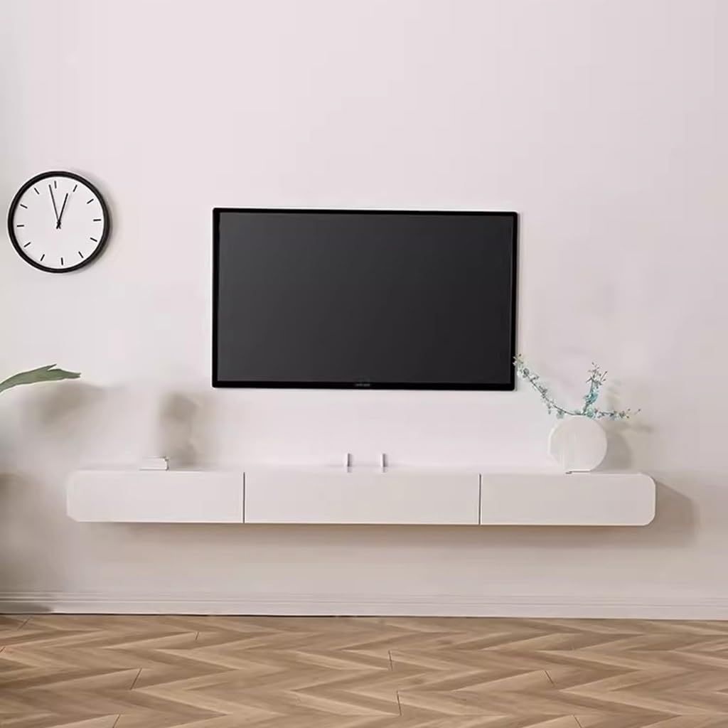 Mobile TV sospeso moderno bianco da parete, 120 cm, grande unità di archiviazione per soggiorno, panca TV con porta disponibile in 3 misure