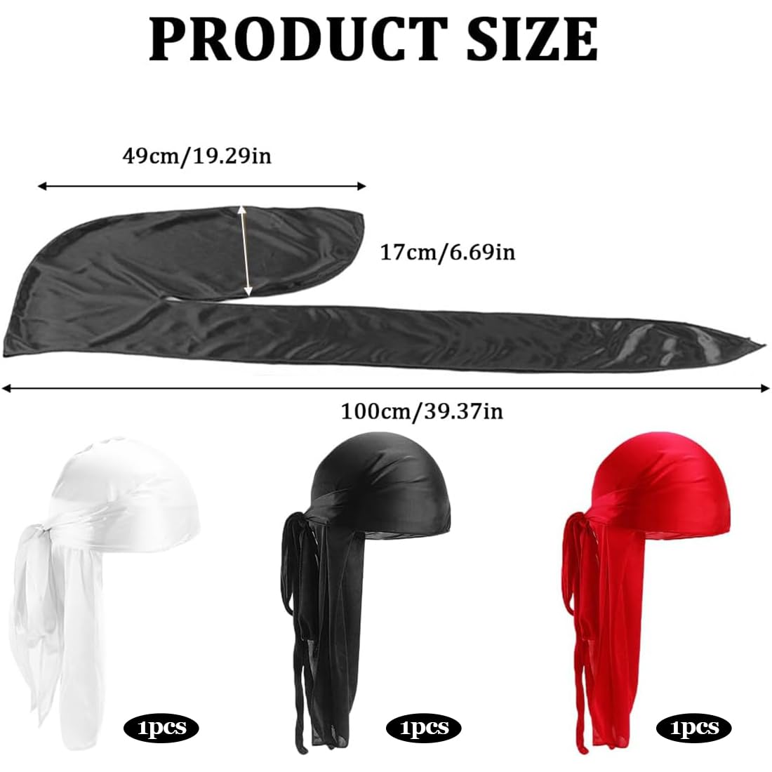 3 Pezzi Fasce Lunghe Durag per Capelli, Unisex, per Stile Hip-Hop, Protezione dal Sole, Colori: Rosso, Nero, Bianco