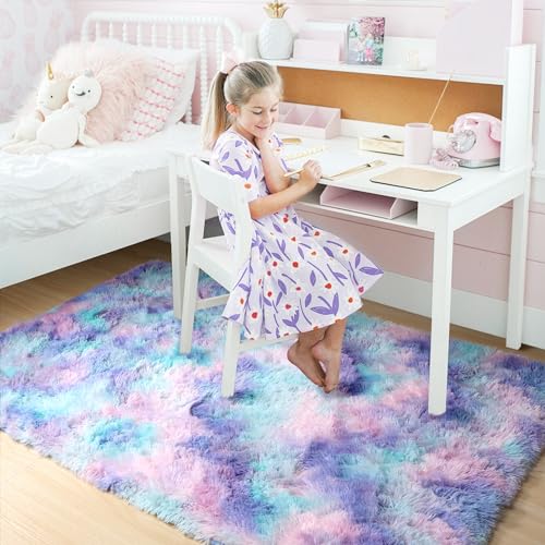 Amdrebio Purple Rainbow Area Rugs for Bedroom Girls Room Decor, Colorful Mermaid Stitch Frozen Kids Rugs for Playroom Nursery Dorm, Fluffy Furry Cute Shag 3x5 Small Kawaii Carpet for Baby Toddler