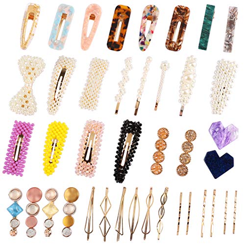 40 Pcs Fashion Hair Clips Set - Messen Pearl Hair Barrettes Korean Style Macaron Acrylic Resin Alligator Clips Geometric Metal Bobby Pin Sparkly Crystal Headwear Hair Accessories for Women Girls