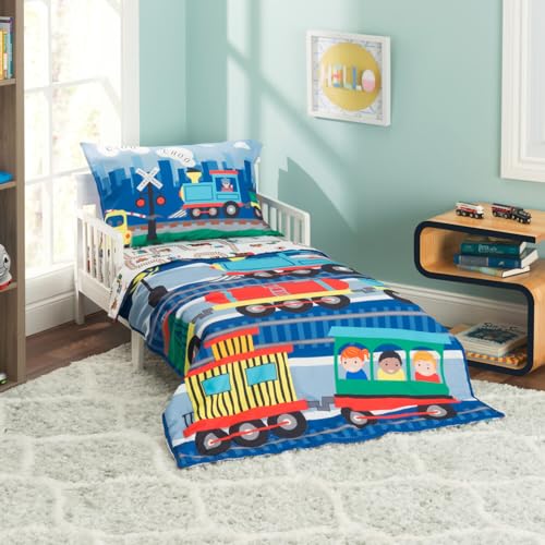 Image of EVERYDAY KIDS 4 Piece Toddler Bedding Set -Choo Choo Train- Includes Comforter, Flat Sheet, Fitted Sheet and Reversible Pillowcase