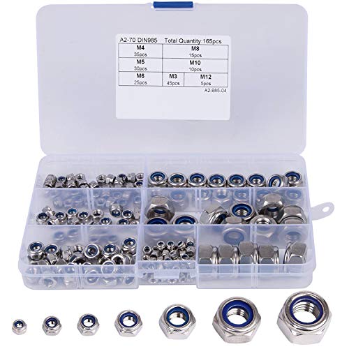   Contratuerca Set, Home Idol, 165 piezas 304 Acero Inoxidable autoblocantes  Contratuerca Surtido de tuercas hexagonales tuercas de nailon Tornillos Kits M3 M4 M5 M6 M8 M10 M12