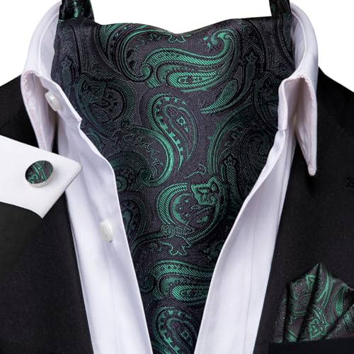 Image of Hi-Tie Silk Ascot for Men Self Tie Men's Cravat and Flower Lapel Pin Handkerchief Cufflinks Set for Wedding Party