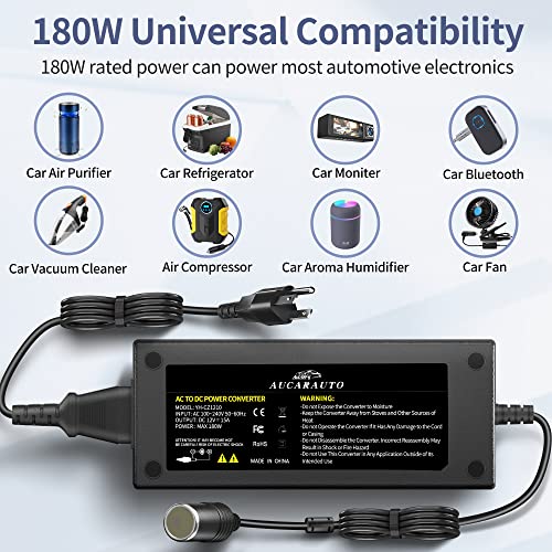 Aucarauto Ac 110-240V To Dc 12V Converter, 180W/15A/7.64Ft Car Cigarette Lighter Socket Ac/Dc Power Supply Adapter For Inflator thumb #1