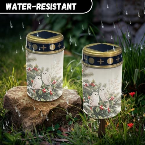 Image of 2 Pack Christmas Solar Memorial Lights for Graves | Holly berry owl, Xmas solar powered grave lights, waterproof led flameless candle for prayer grave lights for cemetery decor
