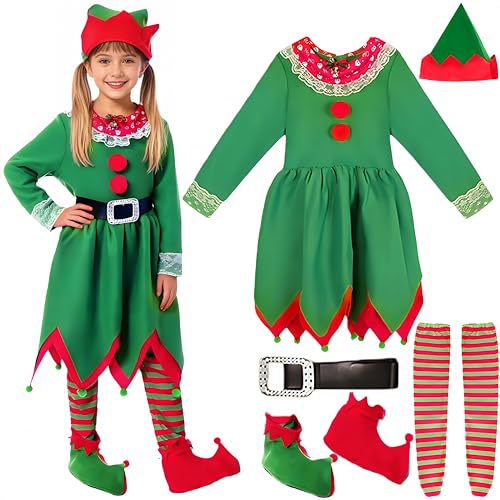 Maazusa Christmas Elf Cosplay Costume for Girls-5Pcs Green Santa Dress Hat Socks Belt, Xmas Girls Elf Fancy Dress Costume for Christmas Party (Green, 8-10Y)