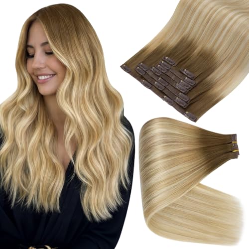 Image of Full Shine Human Hair Clip in Extensions, Light Brown Honey Blonde Balayage | Seamless Hair Extensions Clip ins, 16 Inch 120g 8 Pcs, Invisible Ultra-Thin PU Weft, Balanced Mid-Length Volume, Daily Wear