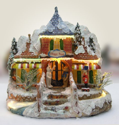 BANBERRY DESIGNS Lighted Toy Store - Christmas Mountain Village - Fiber Optics and LED Color Changing - Measures: 10