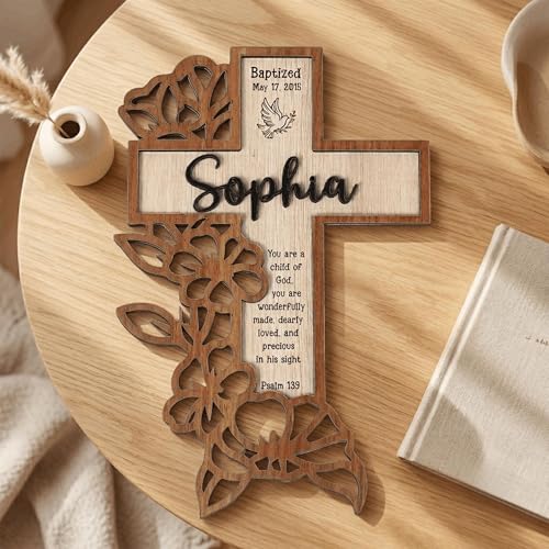 Image of Personalized Baptism Cross Wood Sign, Wooden Sign Baptism Gifts For Baby, Christening Gifts Crosses For Children, Baptized Cross Sign, Dedication Gift, Gift For Baby Boy /Girl - A11
