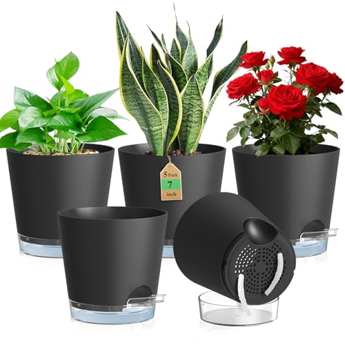 WSMKSZ 17.6cm Self Watering Plant Pots Indoor, 5 Pack Flower Pots, Black