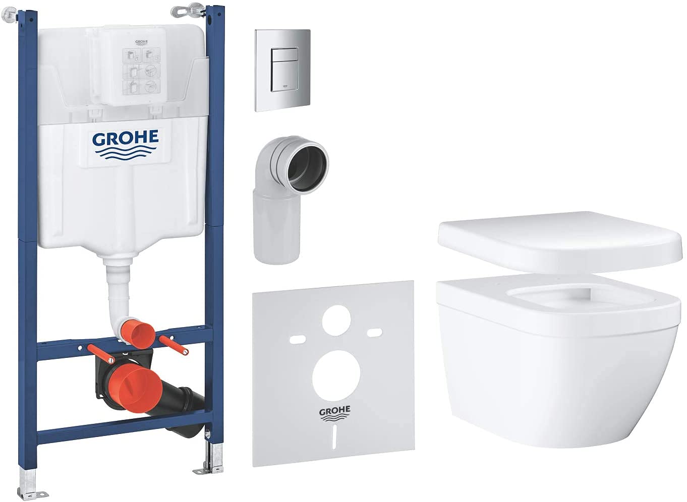 GROHE pack complet WC suspendu Solido Compact, bâti support universel, toilette et fixations invisibles, cuvette Euro Ceramic, plaque de commande, 39891000 (Import Allemagne) Blanc
