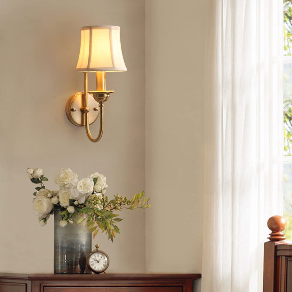Wall Lamp E14 Retro Fabric Light Single Head Full Copper Sconce Simple Living Room Decorative Lantern American Style Country Bedroom Balcony Corridor Fixture