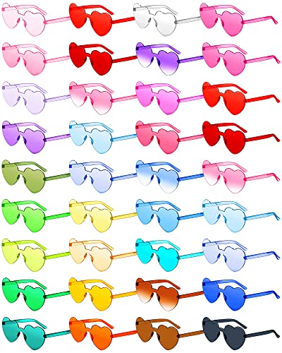 Cindeer 60 Pairs Heart Sunglasses Frameless Heart Shaped Sunglasses Bulk Transparent Candy Color Trendy Fun Rimless Glasses for Women Party Favor, 30 Colors