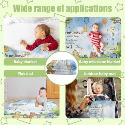 Image of Winnie Milestone Blanket for Baby, the Pooh Babies Monthly Blanket, Classic Winnie Baby Growth Blankets with Photo Tools, Winnie Quotes Sometimes the Smallest Things Milestone Blankets