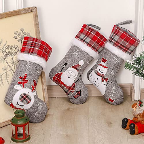 Toes Home Grey Burlap Christmas Stockings 3 Pack, 18" Red Buffalo Plaid Embroidered Cute Santa Snowman Reindeer Large Hanging Stocking For Christmas Decorations Ornaments Gifts Stuffers Bag #TOP2