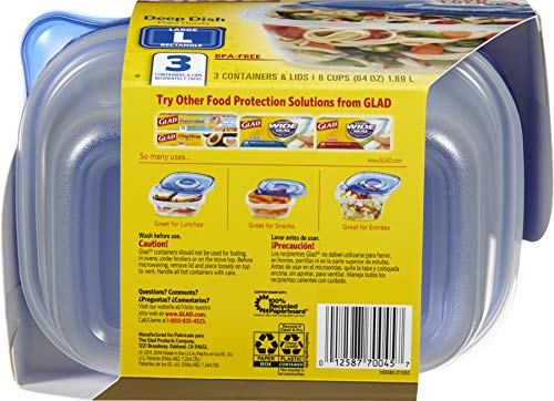 image for Glad Food Storage Containers, Deep Dish, 64 Ounce, 3 Count, Standard, 