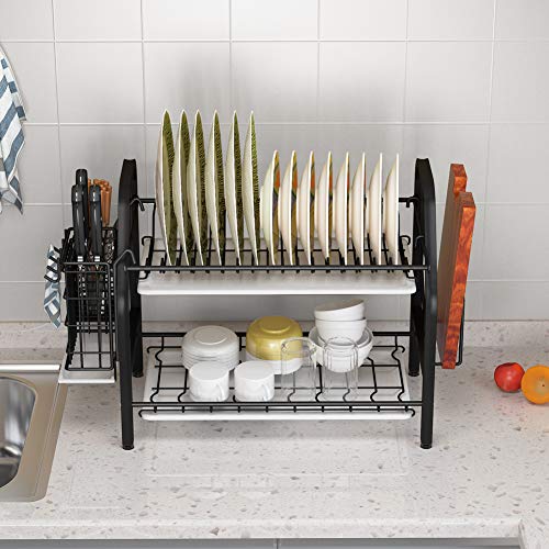 Dish Drying Rack, 1Easylife 2 Tier Dish Rack Stainless Steel with Utensil Knife Holder and Cutting Board Holder Dish Drainer with Removable Drain Board for Kitchen Counter Organizer Storage Black