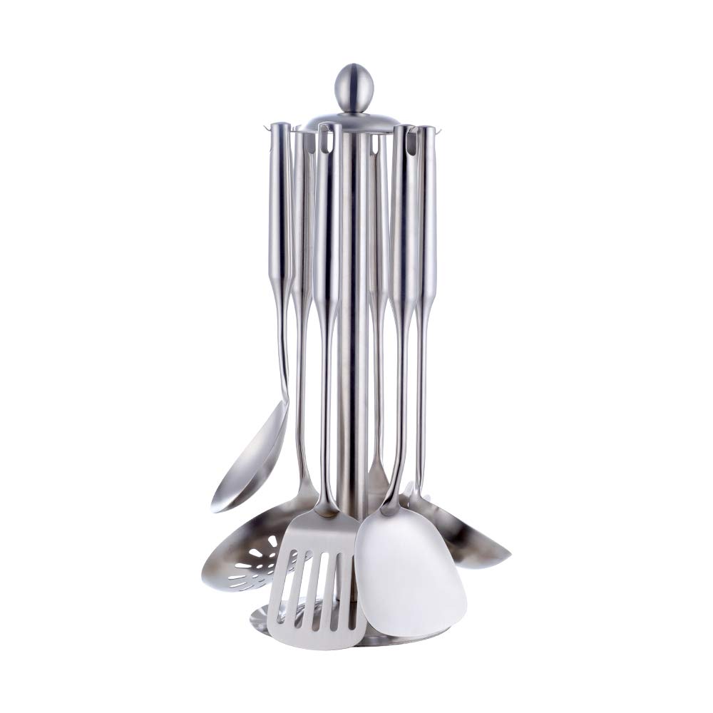 Ustensiles de cuisine 6 pièces acier inoxydable Écumoire Louche Spatule de Cuisine Tourneur à fente Riz Pasta Server avec support