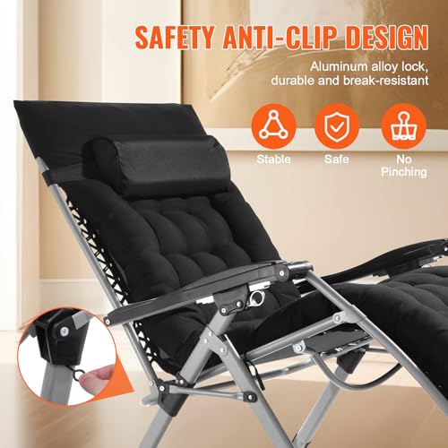 Image of VEVOR Zero Gravity Chair, 33 inch Zero Gravity Recliner Lounge Chair for Indoor and Outdoor, Adjustable Anti Gravity Chair with Cushion, Headrest, Footrest, and Cupholder, 500 lbs, Black